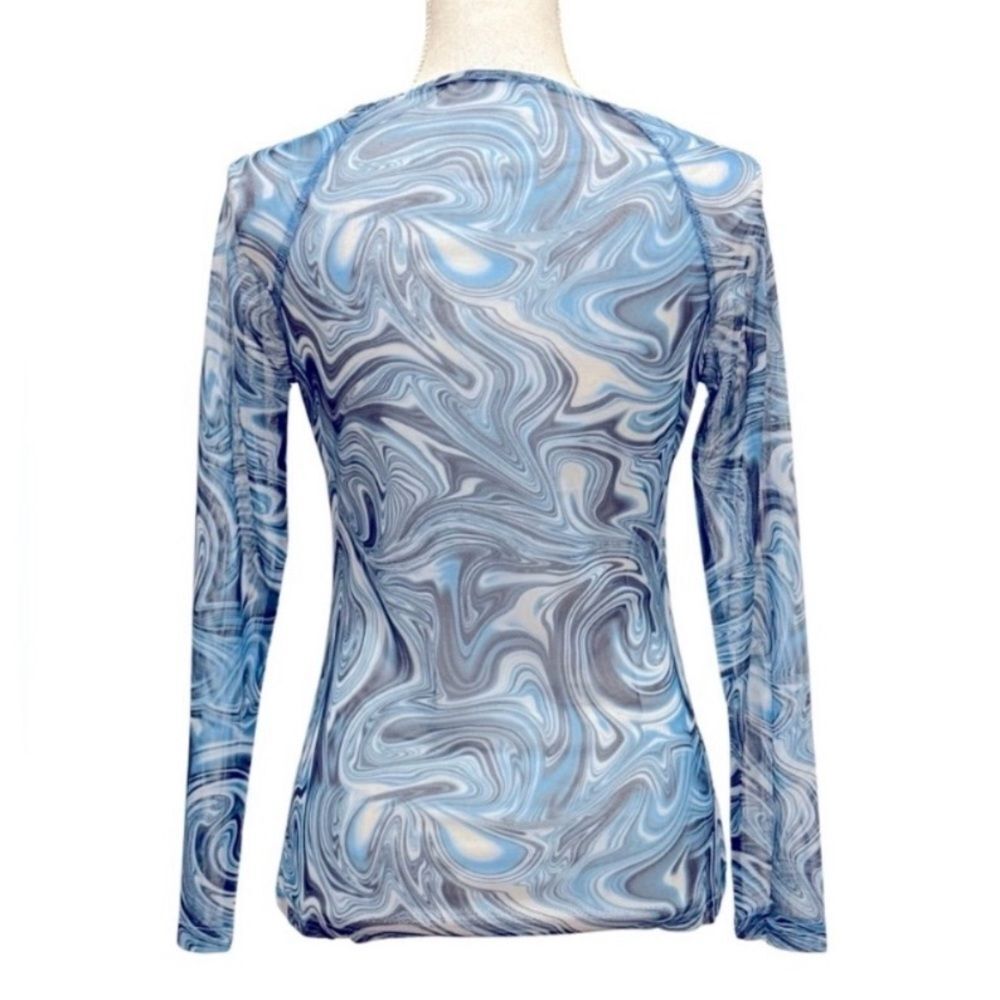 Kate Kasin long sleeve sexy sheer blouse in a blue marble print. Medium - Picture 2 of 3